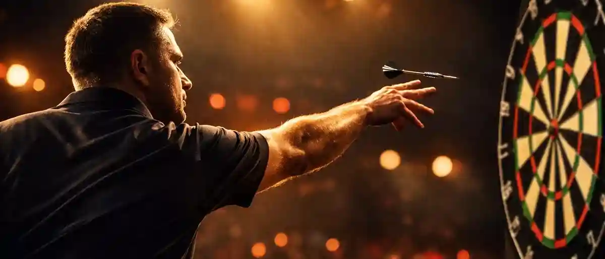Darts-Spieler beim Wurf am Oche unter Bühnenbeleuchtung