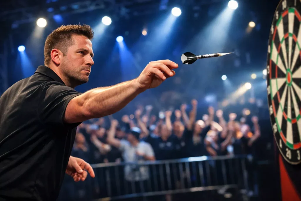 Dartspieler wirft einen Pfeil auf die Scheibe vor jubelndem Publikum im Scheinwerferlicht