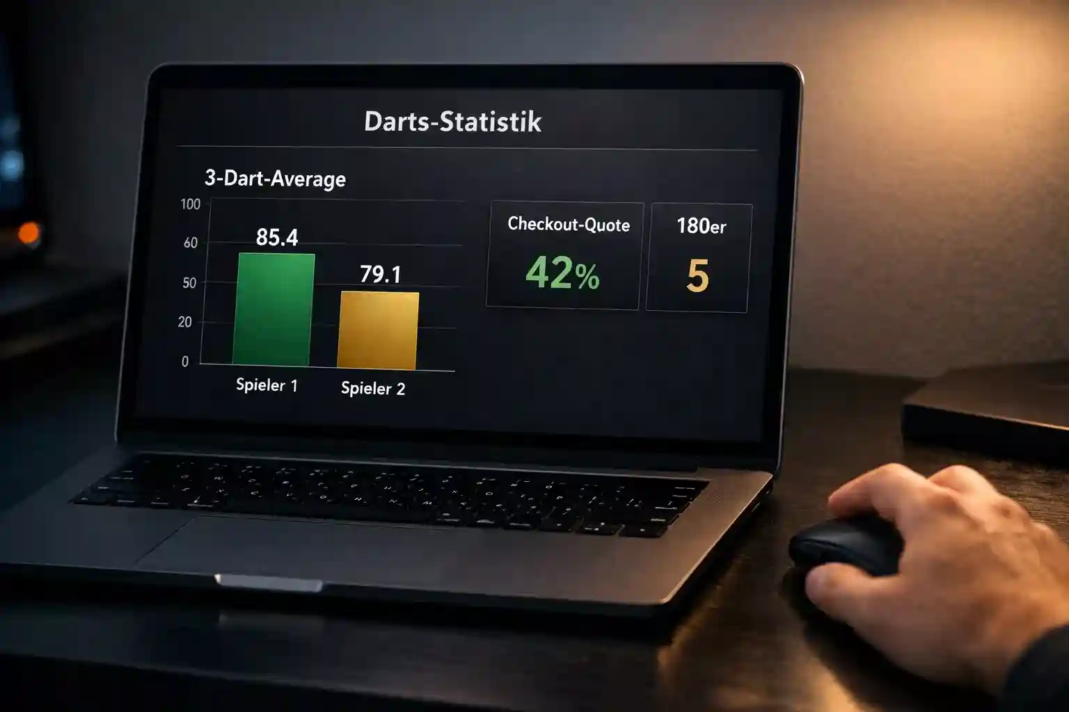 Laptop-Bildschirm mit Darts-Statistiken zu Average und Checkout-Quote
