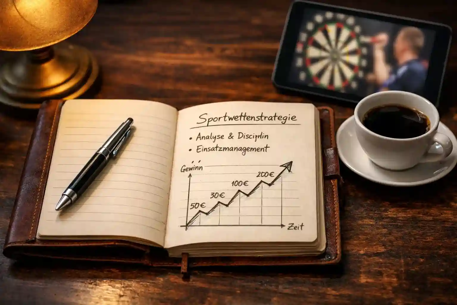 Notizbuch mit handgeschriebenen Darts-Strategien und Statistiken