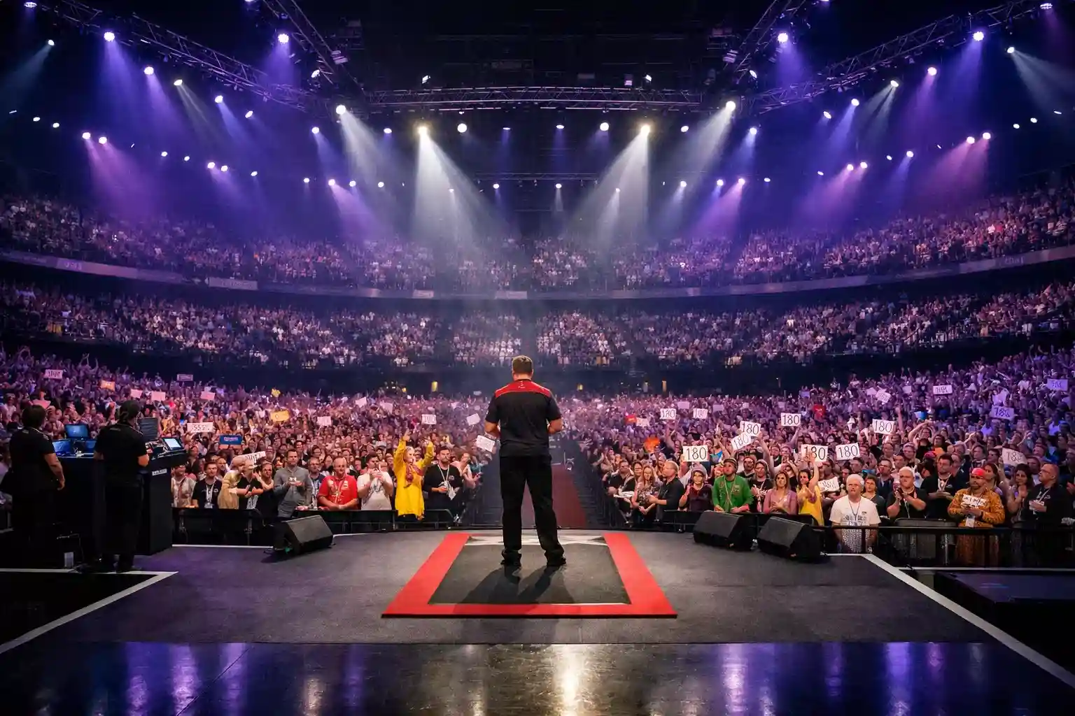 PDC-Turnierbühne mit Spieler und begeistertem Publikum