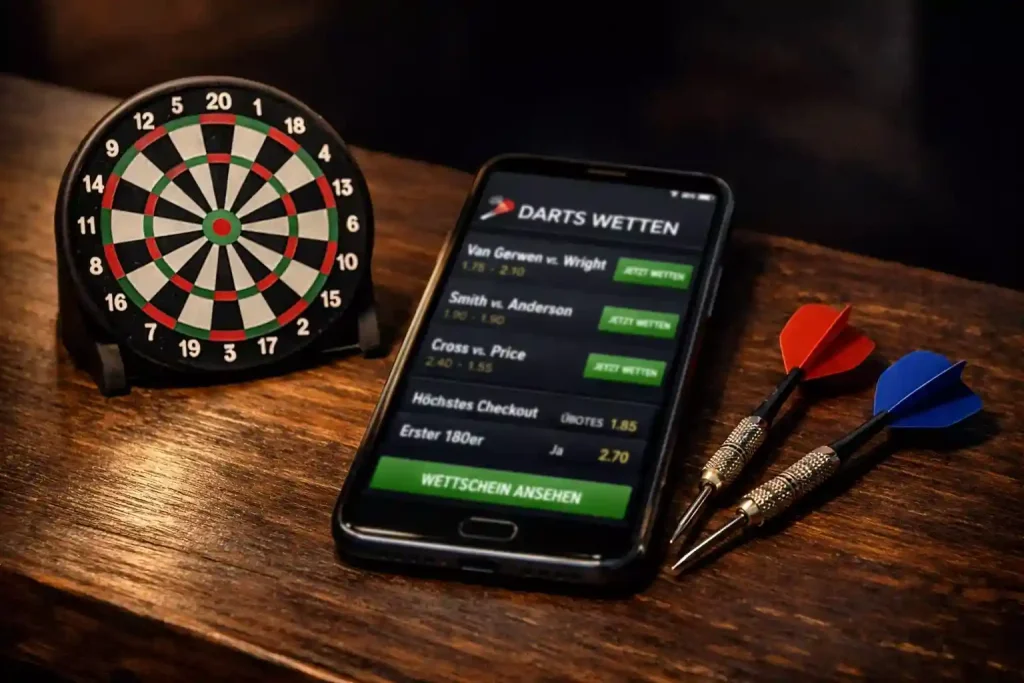 Smartphone mit Wettquoten neben einer Dartscheibe auf einem Holztisch