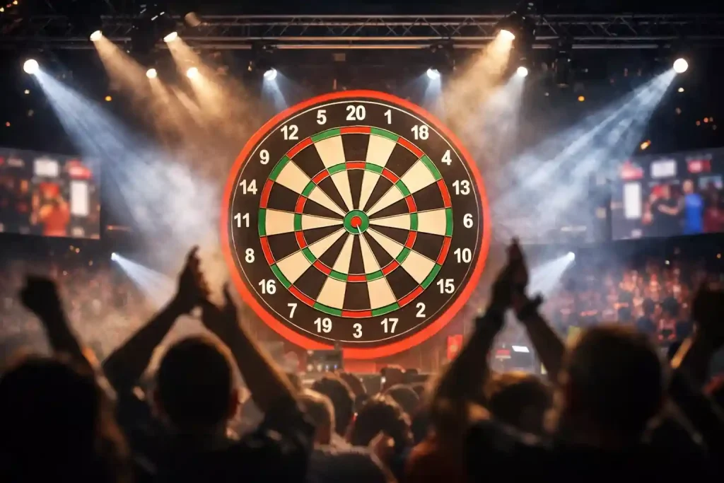 Dartscheibe auf der Bühne des Alexandra Palace mit dramatischer Bühnenbeleuchtung